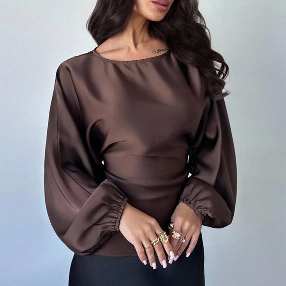 Brown Elegant Women's Romantic Coffee Round Neck blouse - Picture 4 of 7